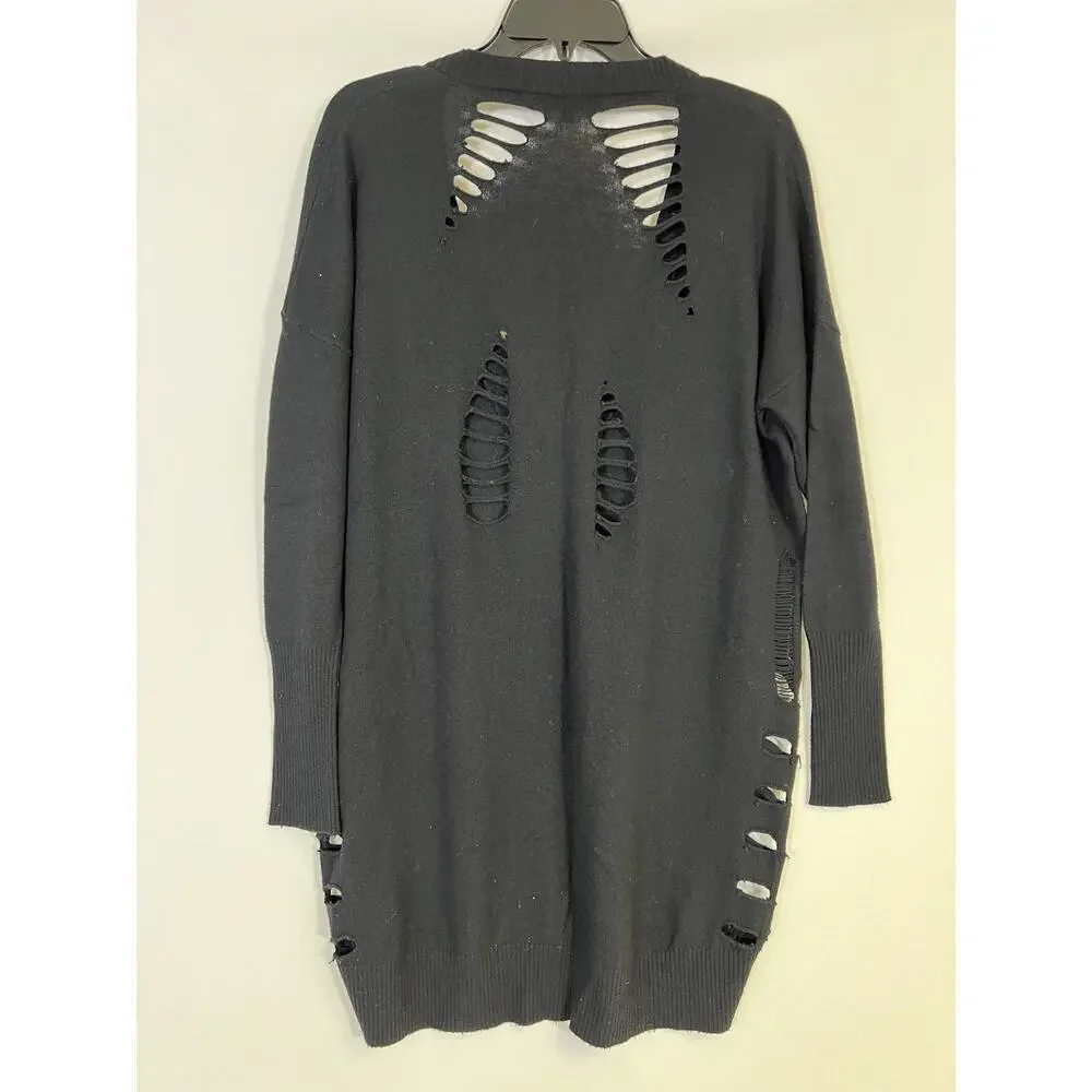 Womens Distressed Knit Cardigan Sweater‎ Central Park NY Sz S Black Grunge Goth